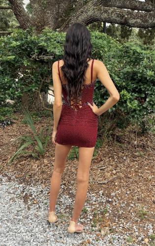 Picture of: Short Net Jersey Dress with Rhinestones in Burgundy, Style 33926, Back Picture