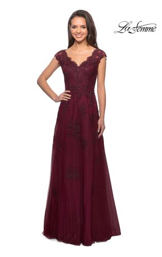 Picture of: Short Sleeve Lace Gown with Cascading Embellishments, Style: 26942, Detail Picture 5