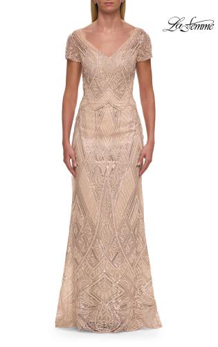 Picture of: Art Deco Beaded Long Evening Dress with V Neckline in Champagne, Style: 31844, Main Picture