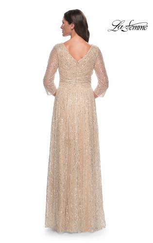 Picture of: Beaded Sequin Dress with Ruched Waist and V Neckline in Champagne, Style: 30911, Back Picture