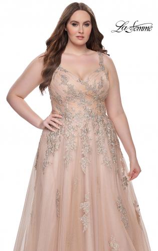 Picture of: Lace Embellished Tulle A-Line Dress with Illusion Back in Champagne, Style: 31383, Detail Picture 4