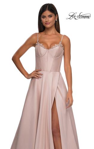 Picture of: Mikado A-line Gown with Lace Detail Neckline in Champagne, Style: 32878, Detail Picture 20