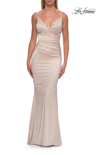Picture of: Satin Fitted Gown with Gathered Bodice and Spaghetti Straps in Champagne, Style: 33421, Detail Picture 24