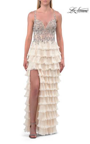 Picture of: Rhinestone Corset Ruffle Tier Gown with High Slit and Open Back in Champagne, Style: 33751, Detail Picture 2