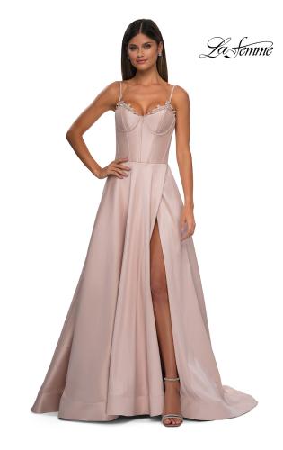 Picture of: Mikado A-line Gown with Lace Detail Neckline in Champagne, Style: 32878, Detail Picture 5