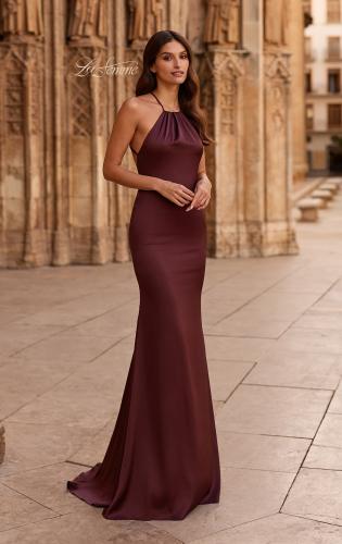 Picture of: Halter Satin Fitted Gown with Open Back in Chocolate, Style: 33732, Main Picture