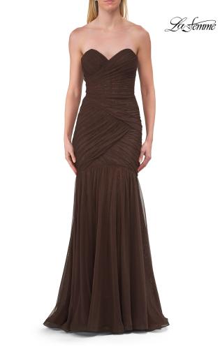 Picture of: Strapless Ruched Mesh Mermaid Evening Gown in Chocolate, Style: 33588, Detail Picture 8