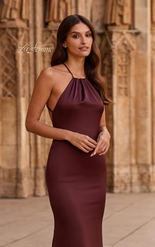 Picture of: Halter Satin Fitted Gown with Open Back in Chocolate, Style: 33732, Detail Picture 9