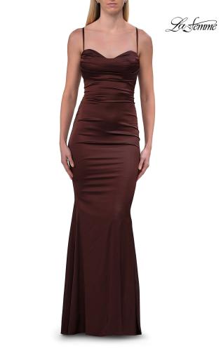 Picture of: Ruched Satin Gown with Sweetheart Neckline and Lace-Up Back in Chocolate, Style: 33764, Detail Picture 21