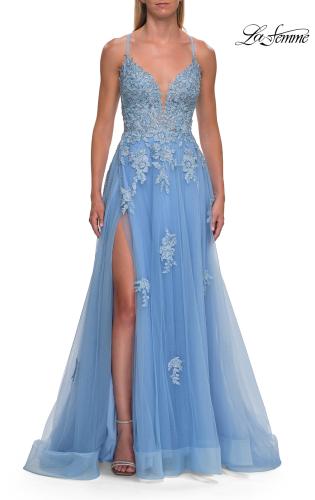 Picture of: Floral Beaded Tulle Gown with Slit and Lace-Up Back in Cloud Blue, Style: 33716, Detail Picture 11