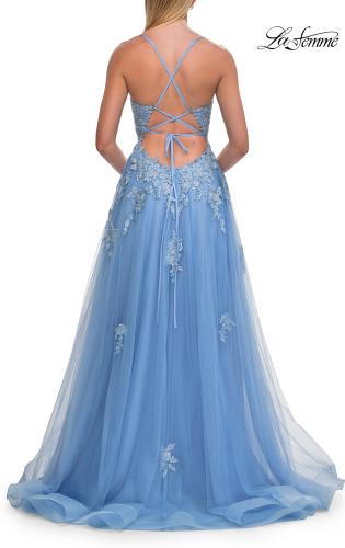 Picture of: Floral Beaded Tulle Gown with Slit and Lace-Up Back in Cloud Blue, Style: 33716, Detail Picture 12