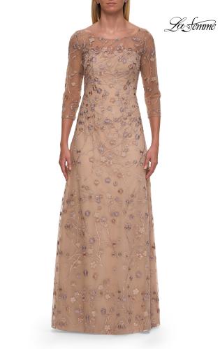 Picture of: Floral Three Quarter Sleeve Dress with Sheer Neckline in Cocoa, Style: 31642, Main Picture