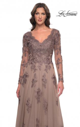 Picture of: Long Sleeve Lace and Tulle Dress with V Neckline in Cocoa, Style: 30795, Detail Picture 11