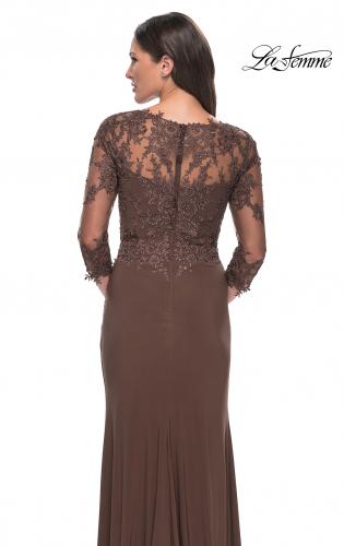 Picture of: Lace and Net Jersey Gown with Illusion Sleeves in Navy, Style: 30384, Detail Picture 12