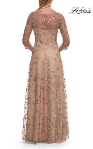 Picture of: Floral Three Quarter Sleeve Dress with Sheer Neckline in Cocoa, Style: 31642, Back Picture