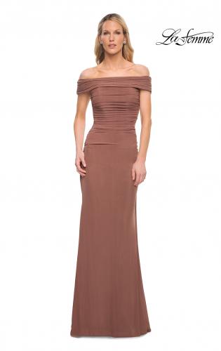 Picture of: Ruched Off the Shoulder Net Jersey Evening Dress in Cocoa, Detail Picture 3