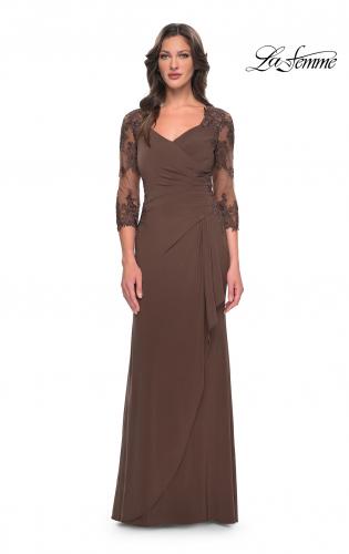Picture of: Lace and Net Jersey Gown with Illusion Sleeves in Cocoa, Style: 30384, Detail Picture 3