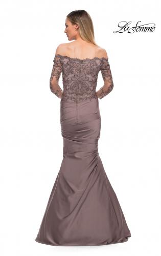 Picture of: Satin Mermaid Gown with Off the Shoulder Lace Bodice in Cocoa, Detail Picture 4