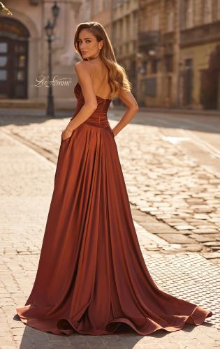 Picture of: Strapless Satin A-Line Gown with Draped Bodice and High Slit in Copper, Style: 33417, Back Picture