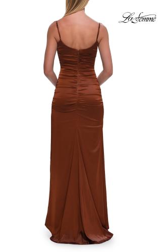 Picture of: Satin Fitted Gown with High Slit and Adjustable Spaghetti Straps in Copper, Style: 33413, Detail Picture 19
