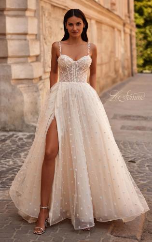 Picture of: Polka Dot Tulle Prom Dress with Sheer Corset Top in Cream , Style 32716, Main Picture