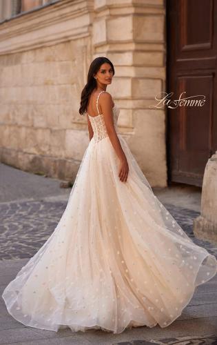 Picture of: Polka Dot Tulle Prom Dress with Sheer Corset Top in Cream , Style 32716, Back Picture