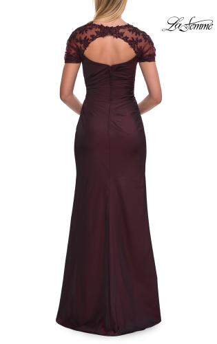 Picture of: Embroidered Lace Sleeve Gown with Keyhole Back in Dark Berry, Style: 33579, Back Picture