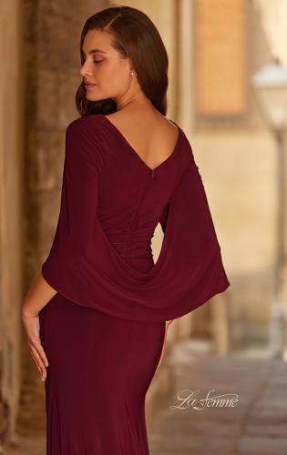 Picture of: Draped Cape Sleeve Jersey Gown with Ruched Bodice in Dark Berry, Style: 33148, Detail Picture 2