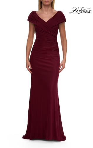 Picture of: Off the Shoulder Ruched Net Jersey Evening Dress in Dark Berry, Style: 29558, Detail Picture 3