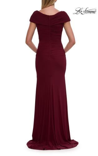 Picture of: Off the Shoulder Ruched Net Jersey Evening Dress in Dark Berry, Style: 29558, Detail Picture 4