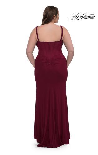 Picture of: Flattering Curve Dress with Corset Top and Ruched Skirt in Dark Berry, Style: 33015, Back Picture