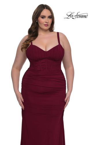 Picture of: Corset Net Jersey Plus Size Dress with V Neck in Dark Berry, Style: 32402, Detail Picture 1