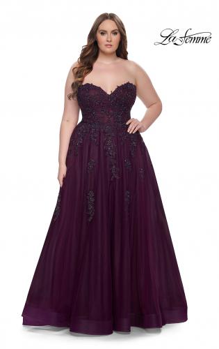 Picture of: Strapless Lace and Tulle A-Line Plus Gown with Tie Back in Dark Berry, Style: 31570, Detail Picture 3