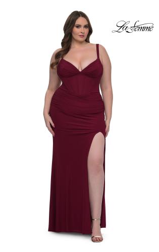 Picture of: Flattering Curve Dress with Corset Top and Ruched Skirt in Dark Berry, Style: 33015, Detail Picture 5