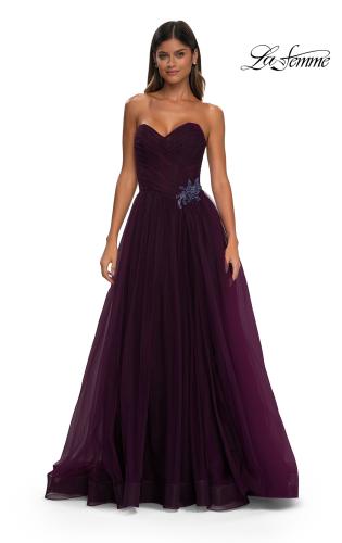 Picture of: Strapless A-line Tulle Dress with Floral Waist Detail in Dark Berry, Style: 32789, Detail Picture 10