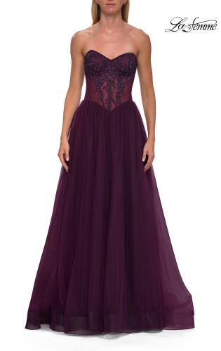 Picture of: Strapless Corset Gown with Tulle Skirt and High Slit in Dark Berry, Style: 33491, Detail Picture 16