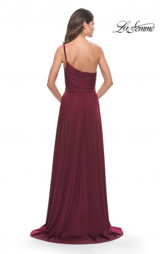 Picture of: Chic One Shoulder Long Jersey Gown with Defined Waist in Dark Berry, Style: 31170, Back Picture