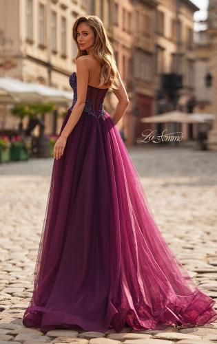 Picture of: Tulle Ball Gown with Beaded Corset Bodice and High Slit in Dark Berry, Style: 33410, Back Picture