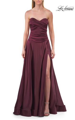 Picture of: Strapless Satin A-Line Gown with Draped Bodice and High Slit in Dark Berry, Style: 33417, Detail Picture 23