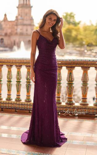 Picture of: Rhinestone Lace Gown with Draped Neckline and Open Back in Dark Berry, Style: 33264, Detail Picture 1
