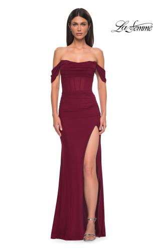 Picture of: Simple Off the Shoulder Net Jersey Dress with Sheer Waist in Dark Berry, Style 32684, Detail Picture 3