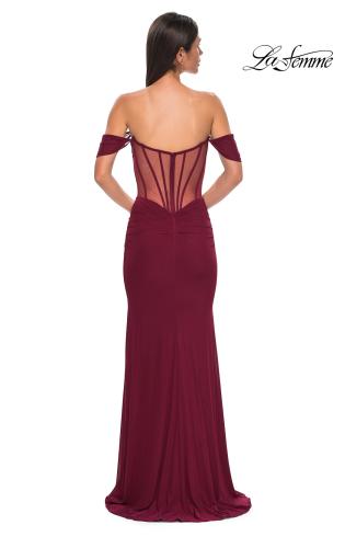 Picture of: Simple Off the Shoulder Net Jersey Dress with Sheer Waist in Dark Berry, Style 32684, Detail Picture 4