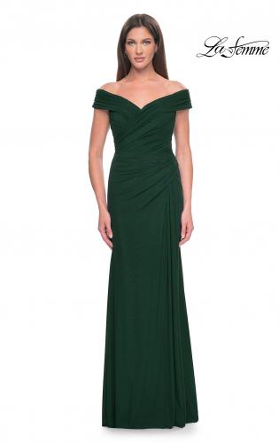 Picture of: Off the Shoulder Jersey Evening Gown with Ruching in Dark Emerald, Style: 31677, Detail Picture 1