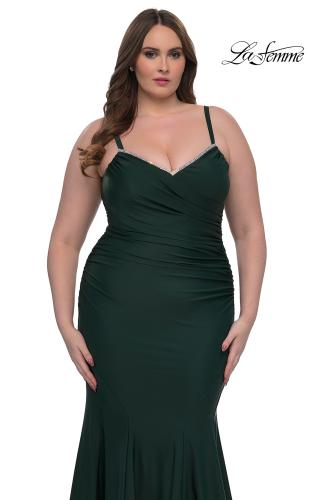 Picture of: Chic Plus Size Dress with Ruching and Rhinestone Neckline Detail in Dark Emerald, Style: 33057, Detail Picture 10