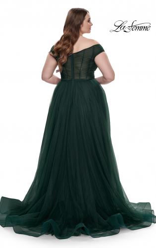 Picture of: A-Line Tulle Off the Shoulder Plus Size Dress with Slit in Dark Emerald, Style: 32204, Back Picture