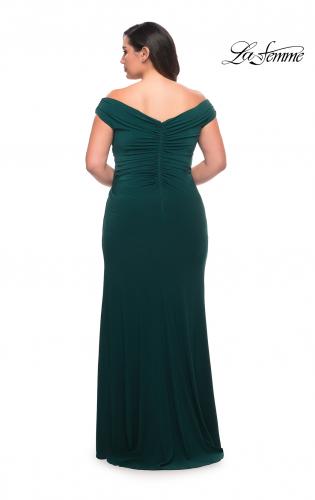 Picture of: Matte Jersey Long Plus Dress with Ruching and Slit in Dark Emerald, Style: 29663, Detail Picture 7