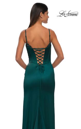 Picture of: Fitted Satin Gown with Exposed Boning and Lace Detail Neckline in Dark Emerald, Style: 32955, Detail Picture 12