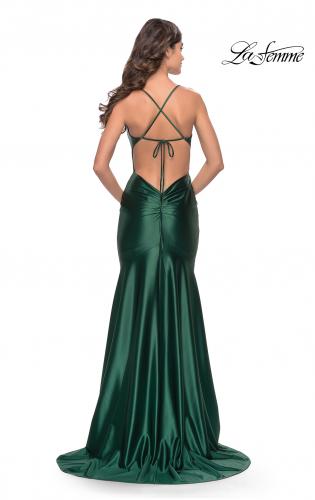 Picture of: Liquid Jersey Trumpet Gown with Draped Neckline in Dark Emerald, Style: 31397, Back Picture