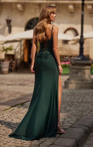 Picture of: Cowl Neck Fitted Gown with Slit and Lace-Up Back in Dark Emerald, Style: 33365, Back Picture