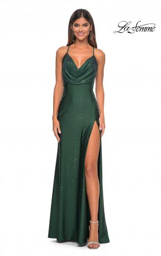 Picture of: Drape Neckline Jeweled Jersey Prom Dress with High Slit in Dark Emerald, Style: 31221, Detail Picture 1